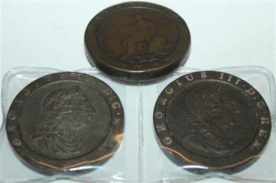 Three 1797 cartwheel coins